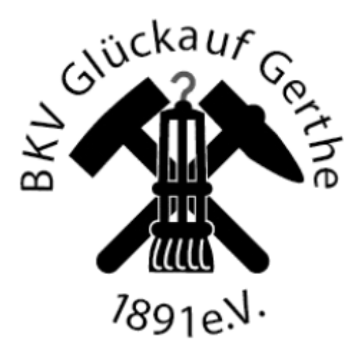 BKV Glückauf Gerthe von 1891 e.V. Logo in Schwarz: Zwei Hammer gekreuzt hinter rauchendem Schlot